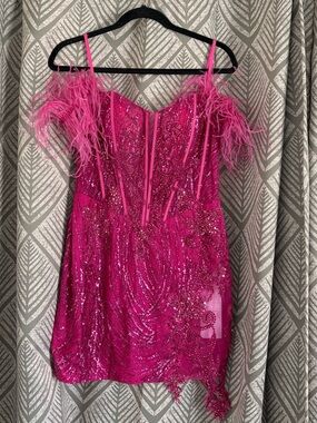 Portia and Scarlett Hot Pink Sequin Feather Mini Dress